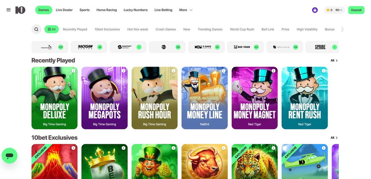 10Bet Casino Slots lobby on desktop, captured June 2026 by SpinaZonke.io.