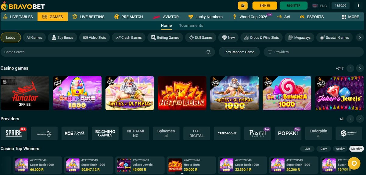 BravoBet None lobby on desktop, captured June 2026 by SpinaZonke.io.