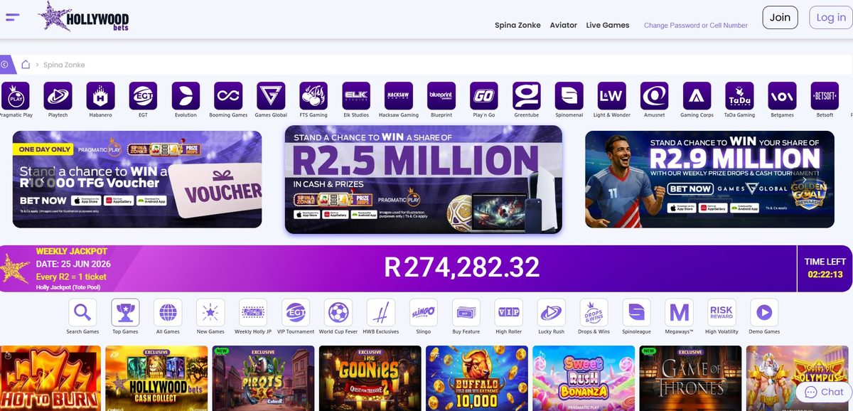 Hollywoodbets Spina Zonke lobby on desktop, captured June 2026 by SpinaZonke.io.
