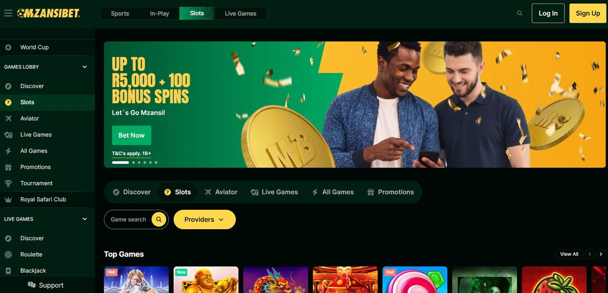 Mzansibet None lobby on desktop, captured June 2026 by SpinaZonke.io.