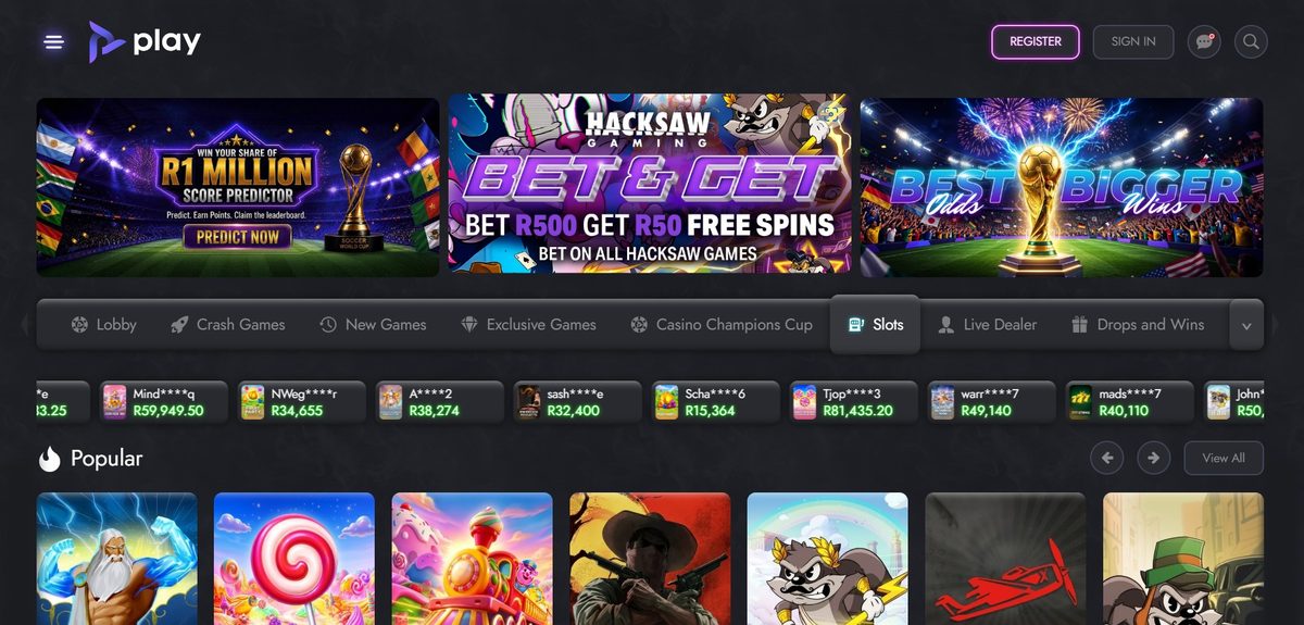 Play.co.za None lobby on desktop, captured June 2026 by SpinaZonke.io.