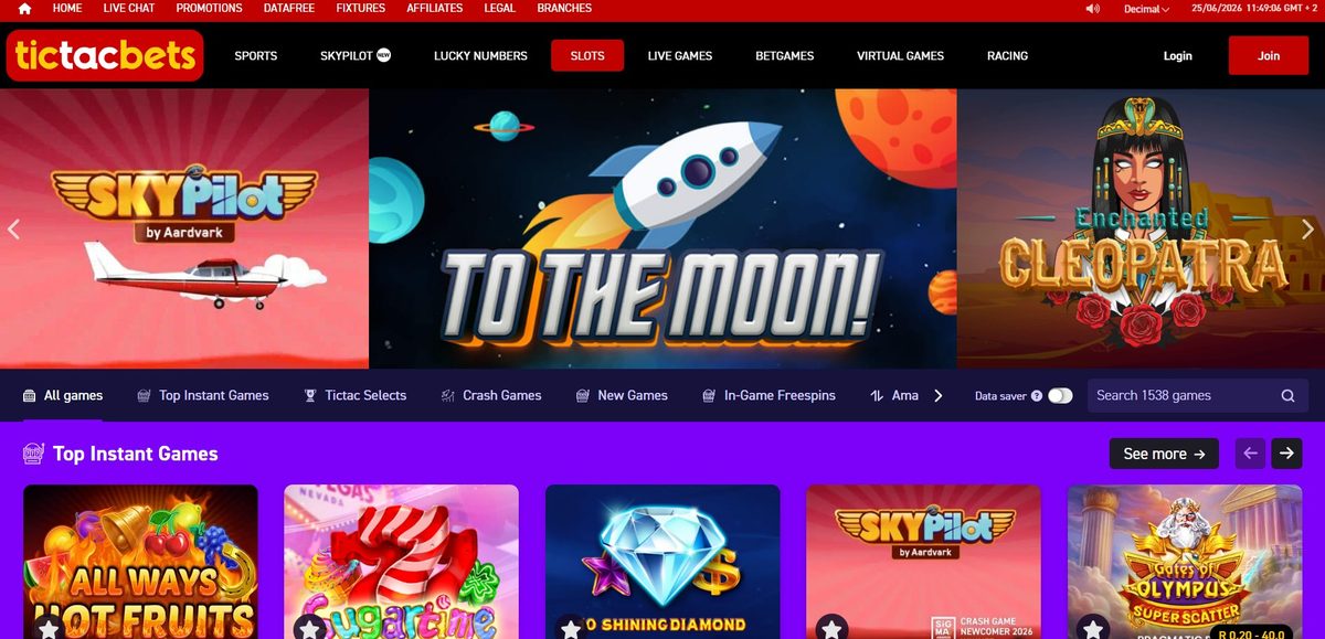Tic Tac Bets Spina Zonke lobby on desktop, captured June 2026 by SpinaZonke.io.