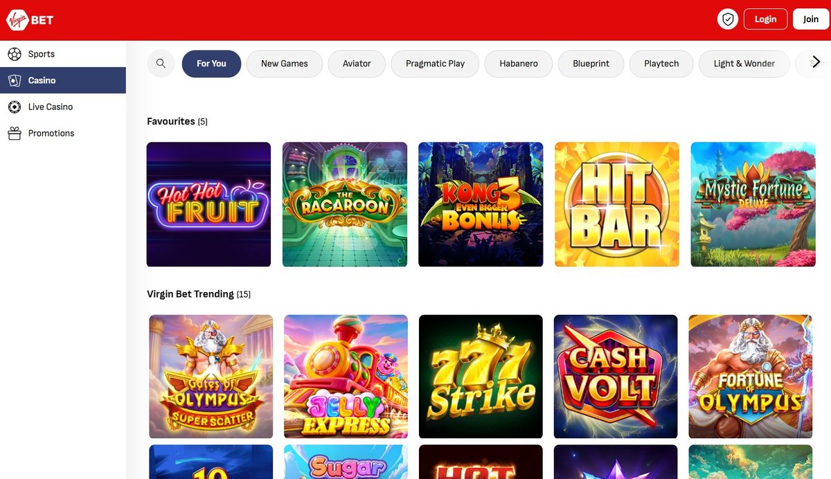 Virgin Bet None lobby on desktop, captured June 2026 by SpinaZonke.io.